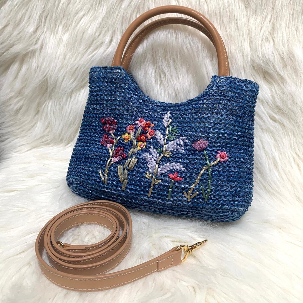 Woven Blue Synthetic Straw Embroidered Flowers Vintage Mini Tote XBody